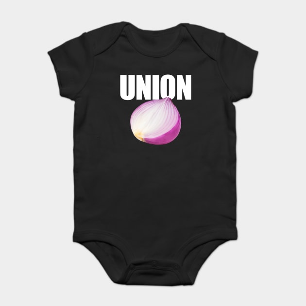 Union Funny Misspelled Onion Baby Bodysuit by belownormal